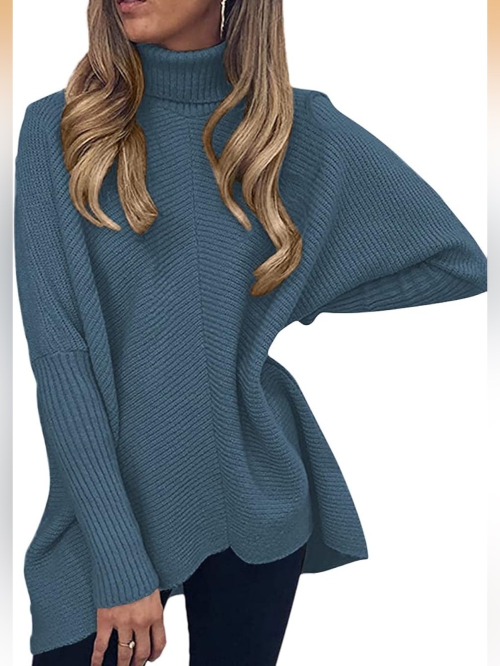 Relaxed Ribbed Oversized Turtleneck Sweater - Blue